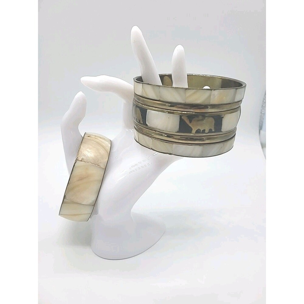 Vintage Elephant Bangle Brass Mother of Pearl Shell Bohemian Bracelet Stack Set